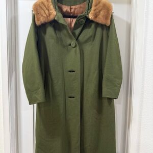 Classic Olive Green Wool Coat with Faux Fur Collar
